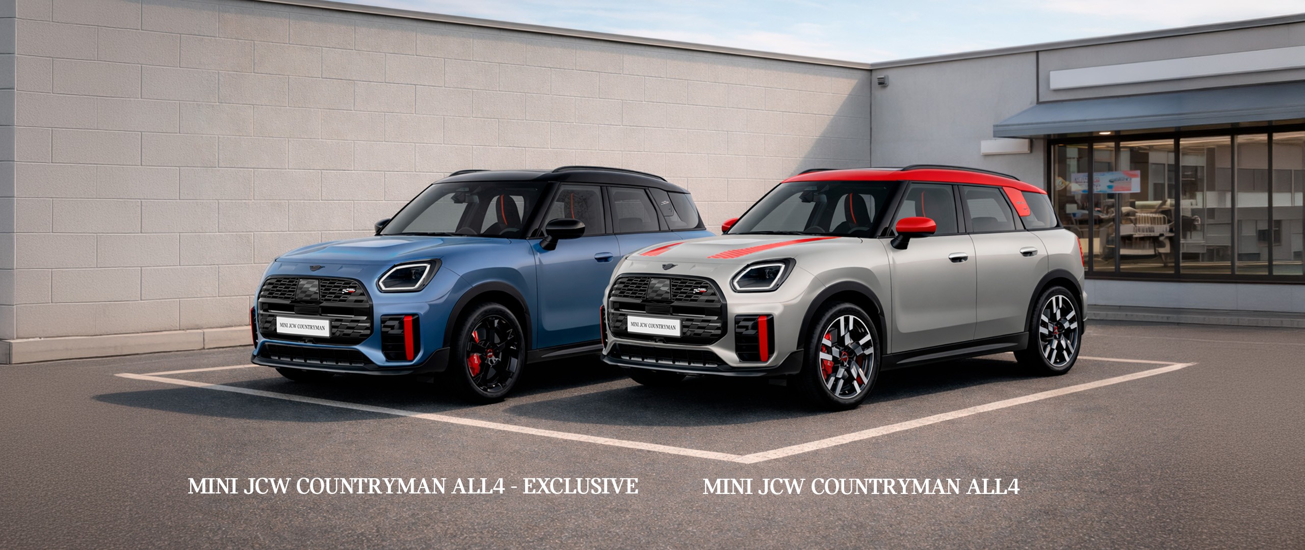 A blue MINI Countryman is parked outside a building, highlighting its stylish appearance and urban setting.